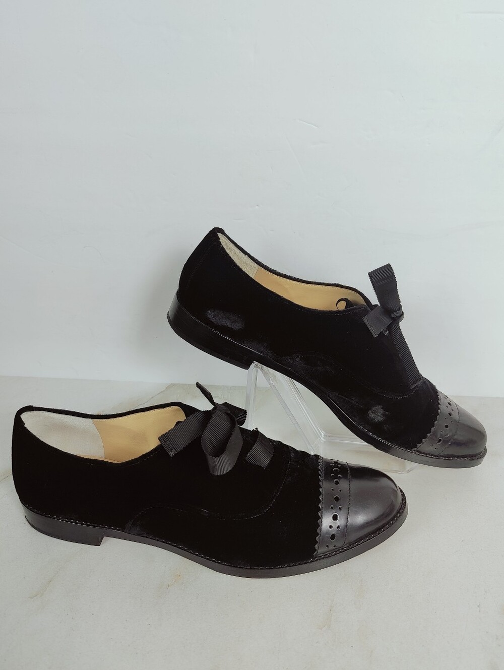 EUC Kate Spade Poppin Too Black Velvet Patent Leather Cap Toe Oxfords, Sz 10